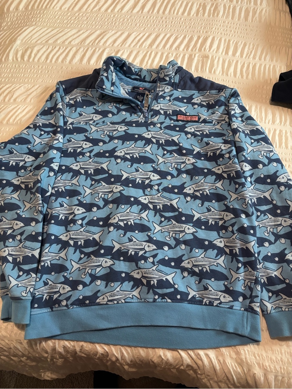 Vineyard Vines Men's Light & Navy Blue Fish Quarter-Zip Sweater